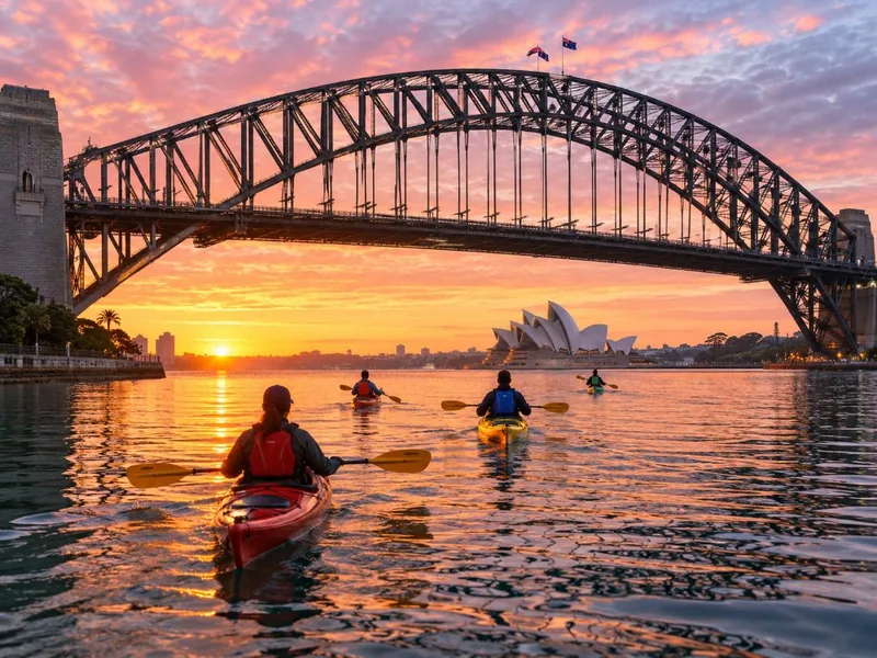 Kayak au lever du soleil vers l'Opéra de Sydney et le Harbour Bridge
