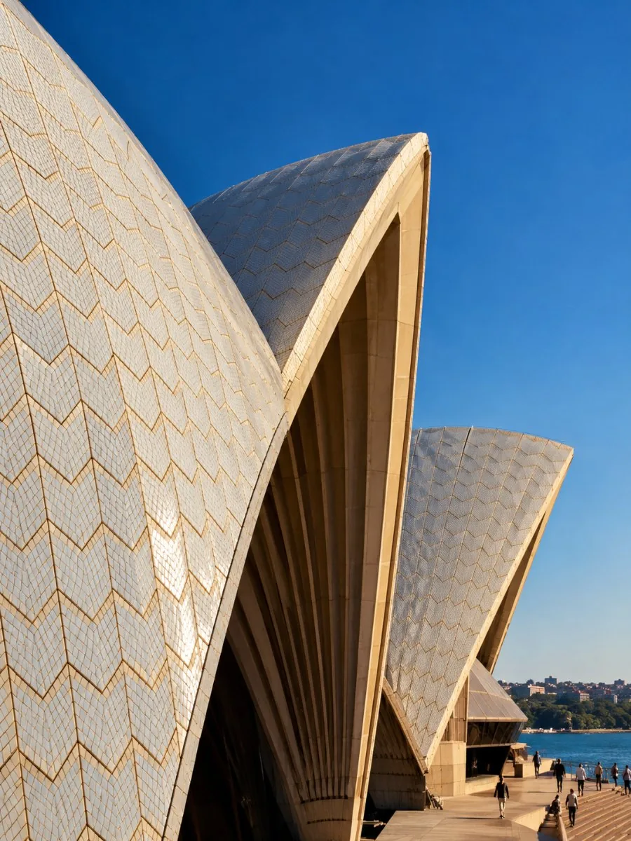 Gros plan sur le motif en chevron des tuiles blanches brillantes et crème mates sur une coque de l'Opéra de Sydney